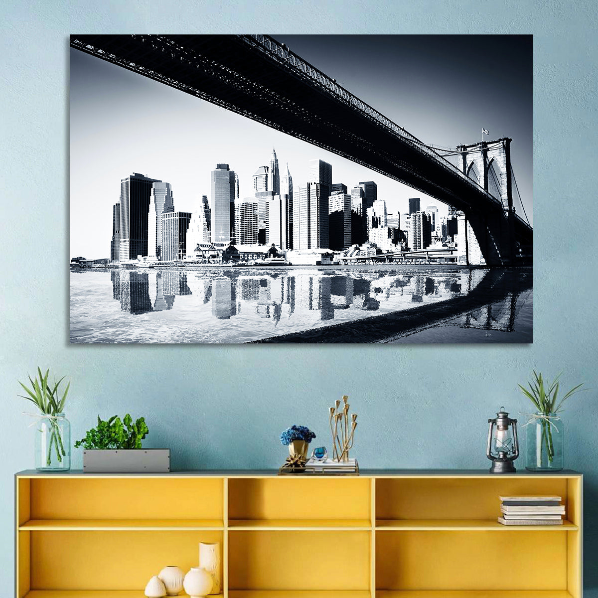 Brooklyn Bridge Low Angle Skyline Reflection Wall Art in a room, landscape