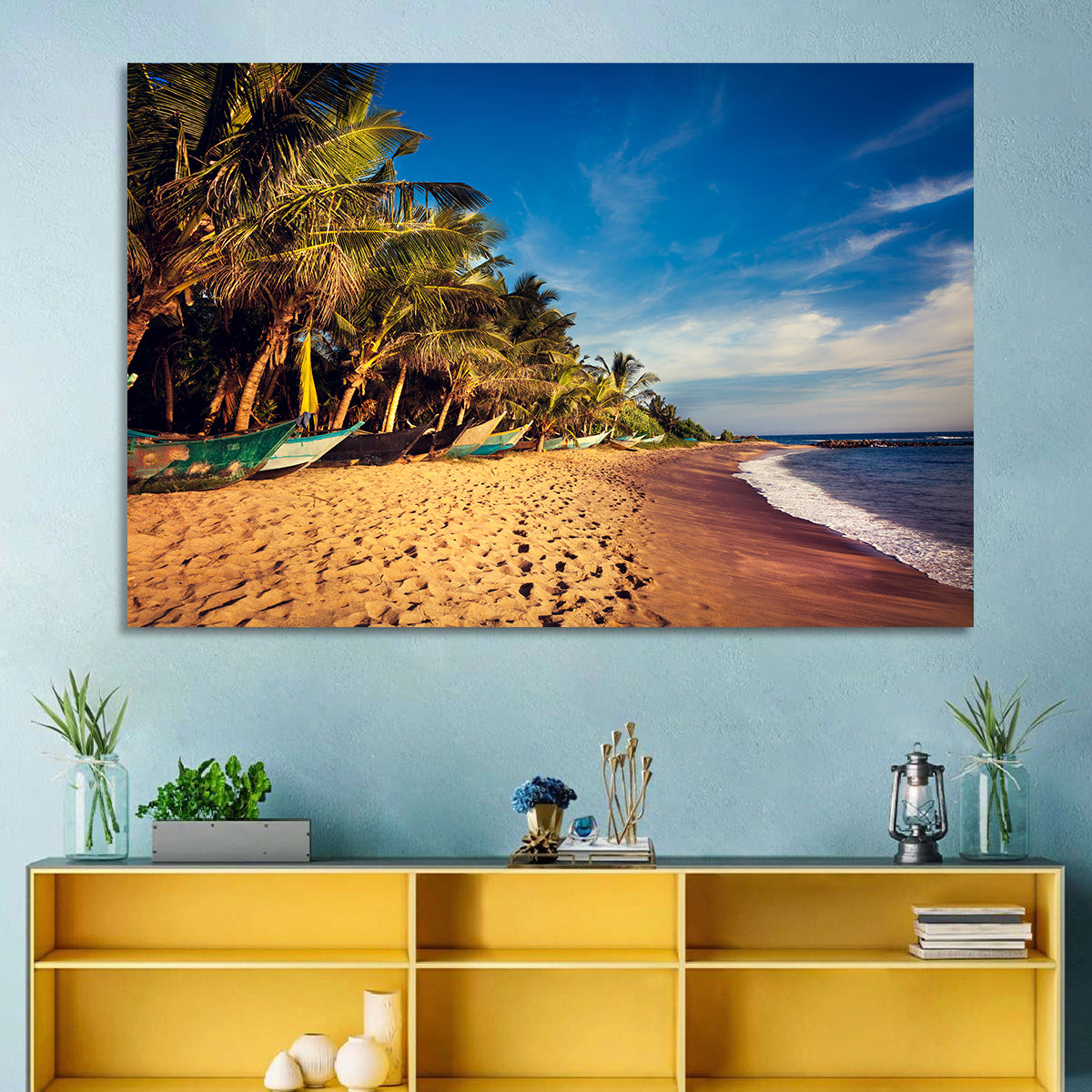 Mirissa Beach Morning Light Wall Art in a room, landscape