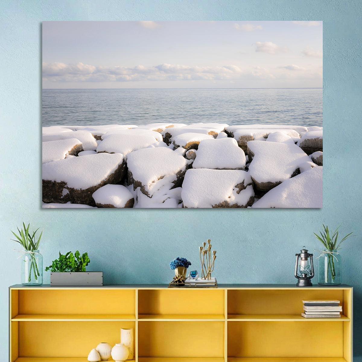 Lake Ontario Snowy Rocks Wall Art in a room, landscape
