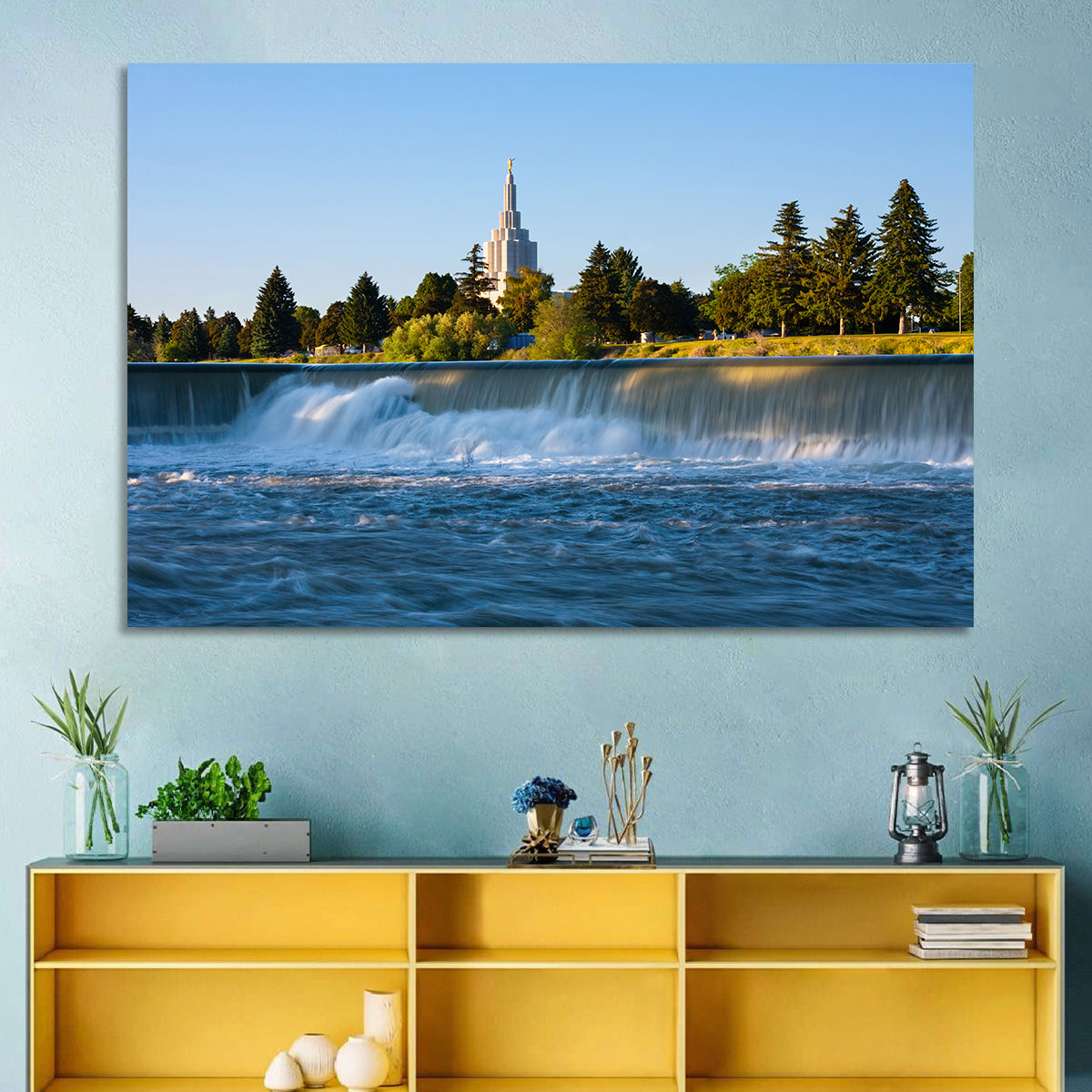 Idaho Falls Temple and Waterfall Wall Art in a room, landscape
