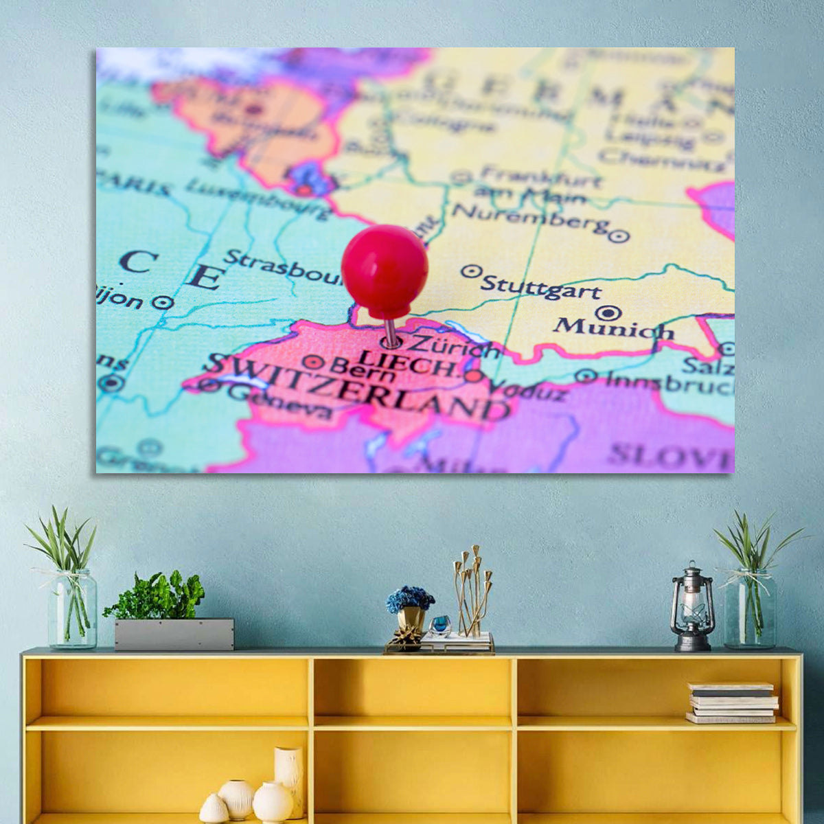 Zurich Map with Red Pin Wall Art in a room, landscape