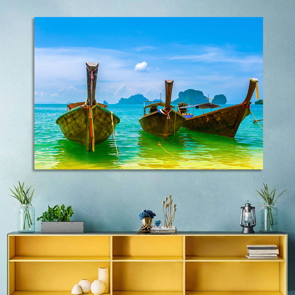 Three Long-tail Boats on Turquoise Water Wall Art in a room, landscape