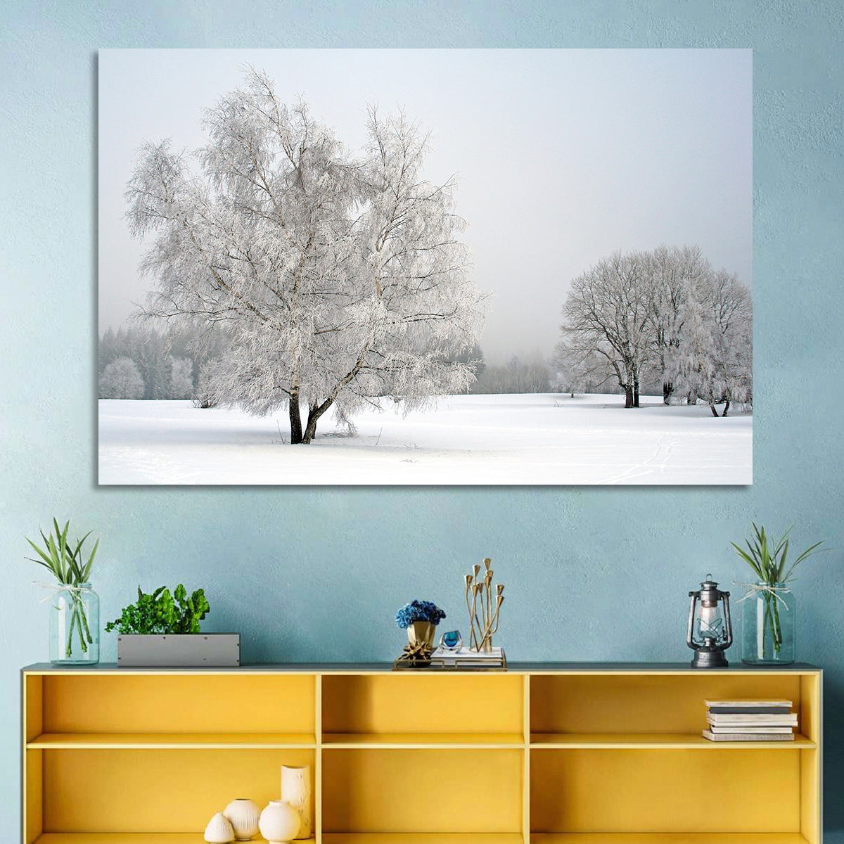Frosted Birch Grove Wall Art in a room, landscape