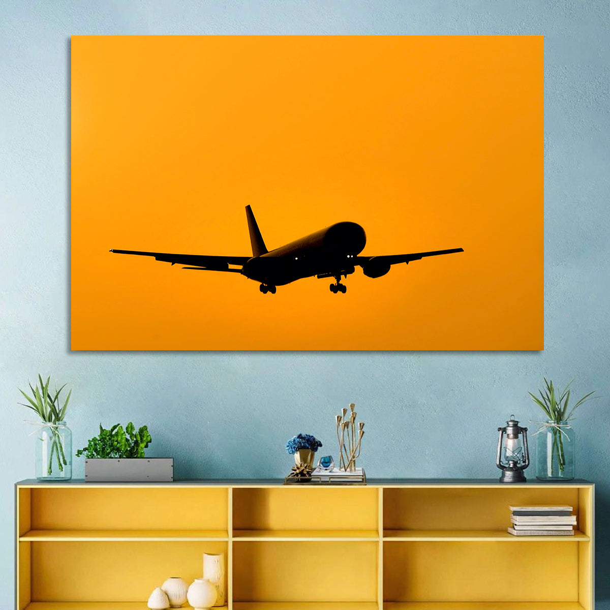 Golden Hour Airliner Silhouette Wall Art in a room, landscape