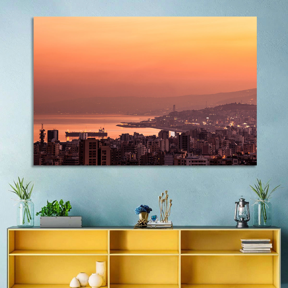 Beirut Sunset Skyline Wall Art in a room, landscape
