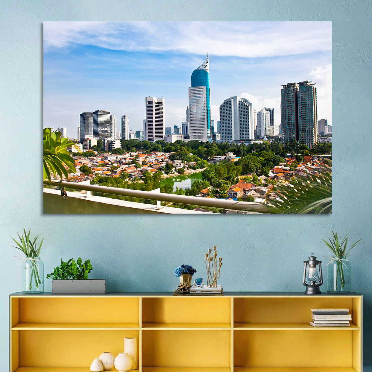 Jakarta Skyline with Wisma 46 Wall Art in a room, landscape