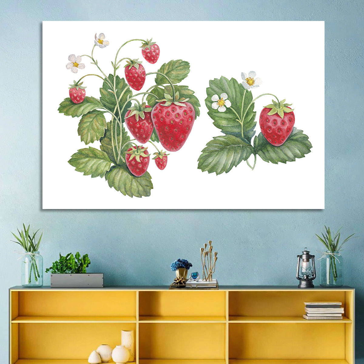 Fresh Strawberry Botanical Illustration Wall Art in a room, landscape
