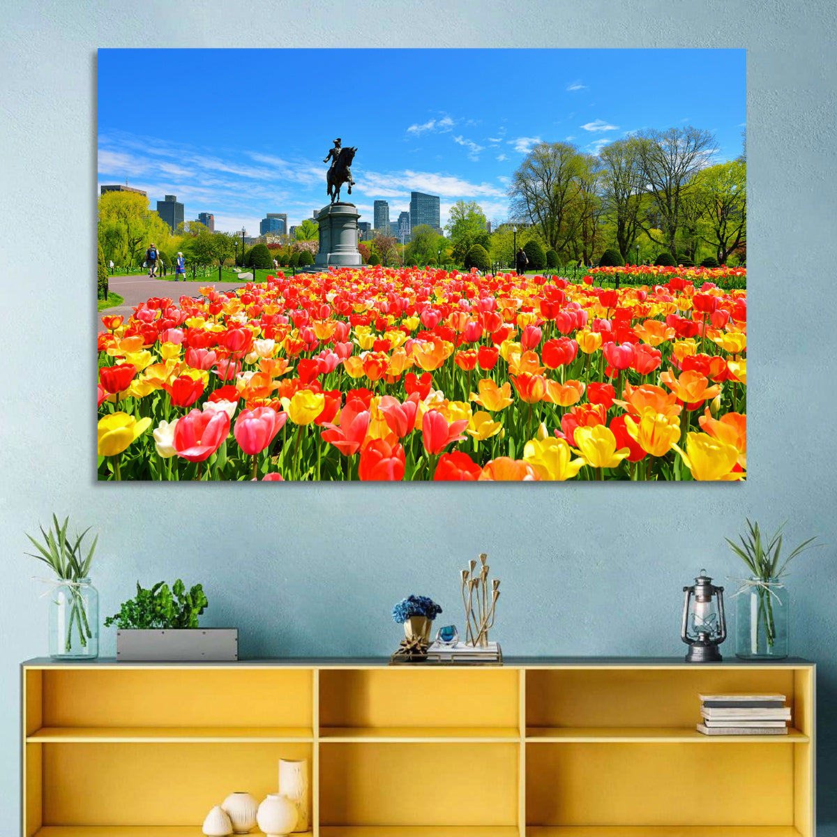 Boston Public Garden Tulips Wall Art in a room, landscape