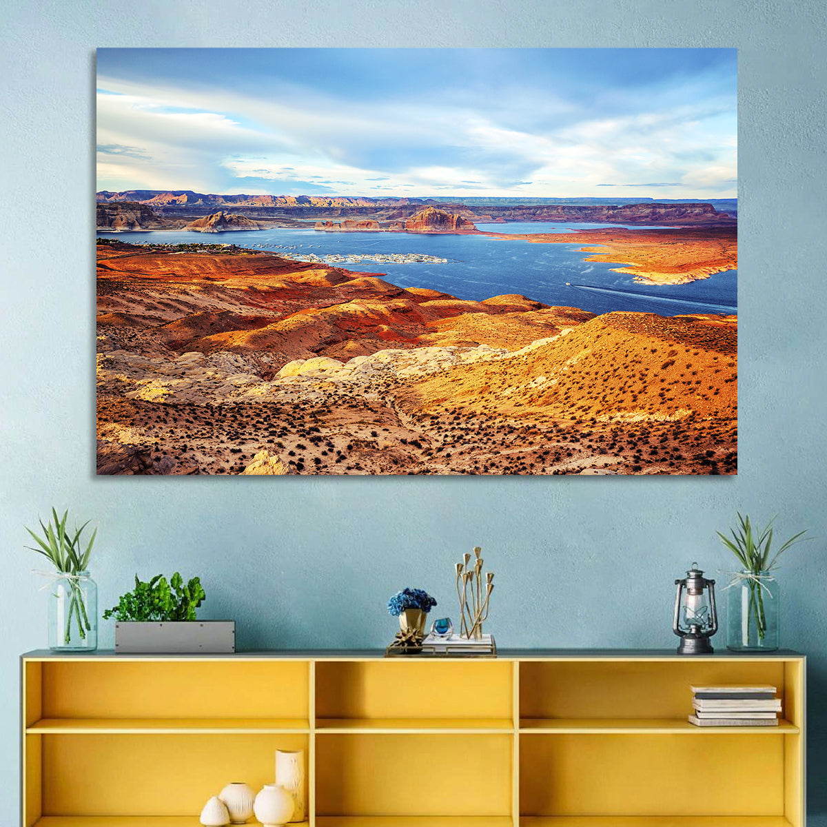 Lake Powell Marina Panorama Wall Art in a room, landscape