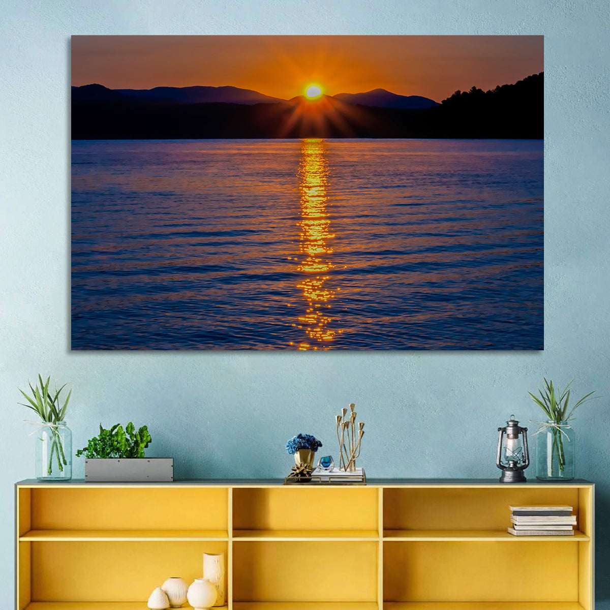Lake Jocassee Golden Sunrise Wall Art in a room, landscape