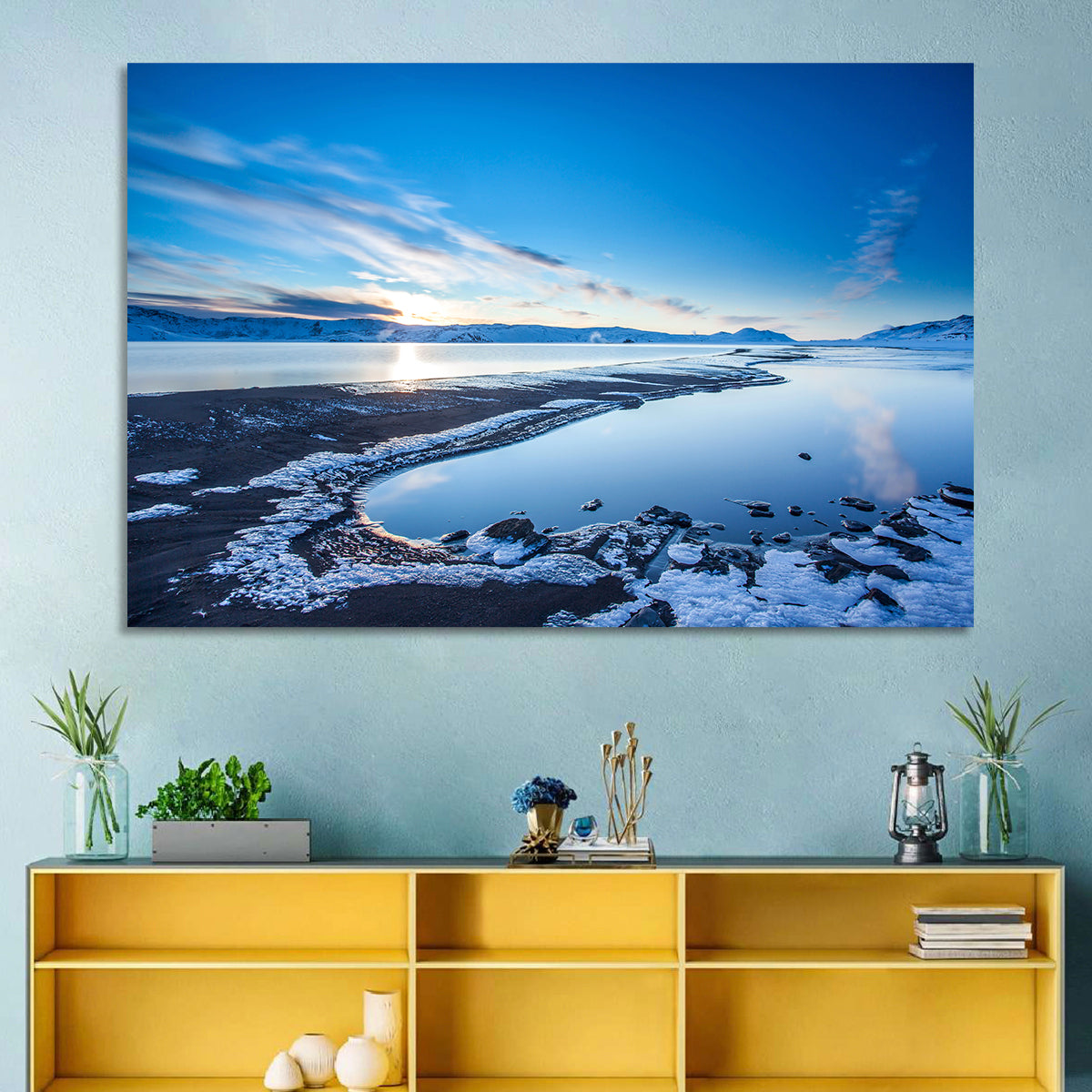 Lake Kleifarvatn Icy Shoreline Wall Art in a room, landscape