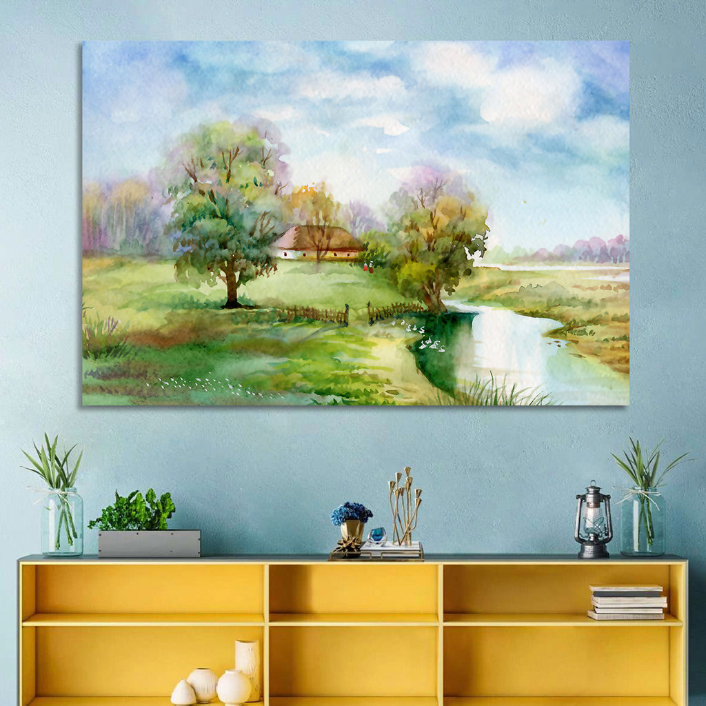 Spring Cottage by the Stream Wall Art