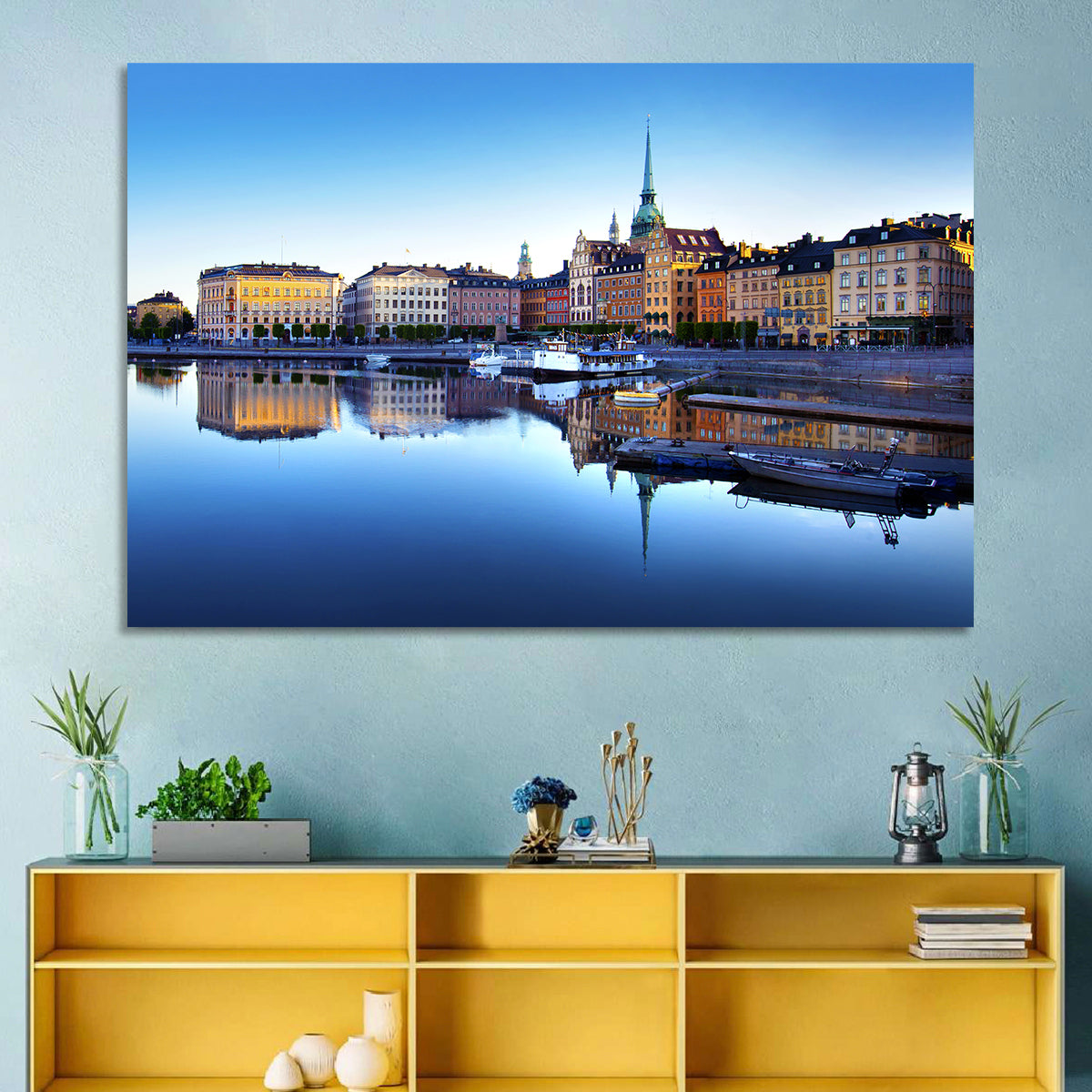 Gamla Stan Stockholm Skyline Wall Art in a room, landscape