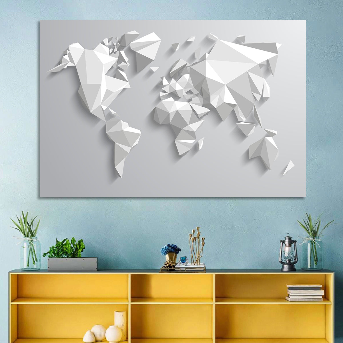 Faceted Triangular World Map Wall Art in a room, landscape
