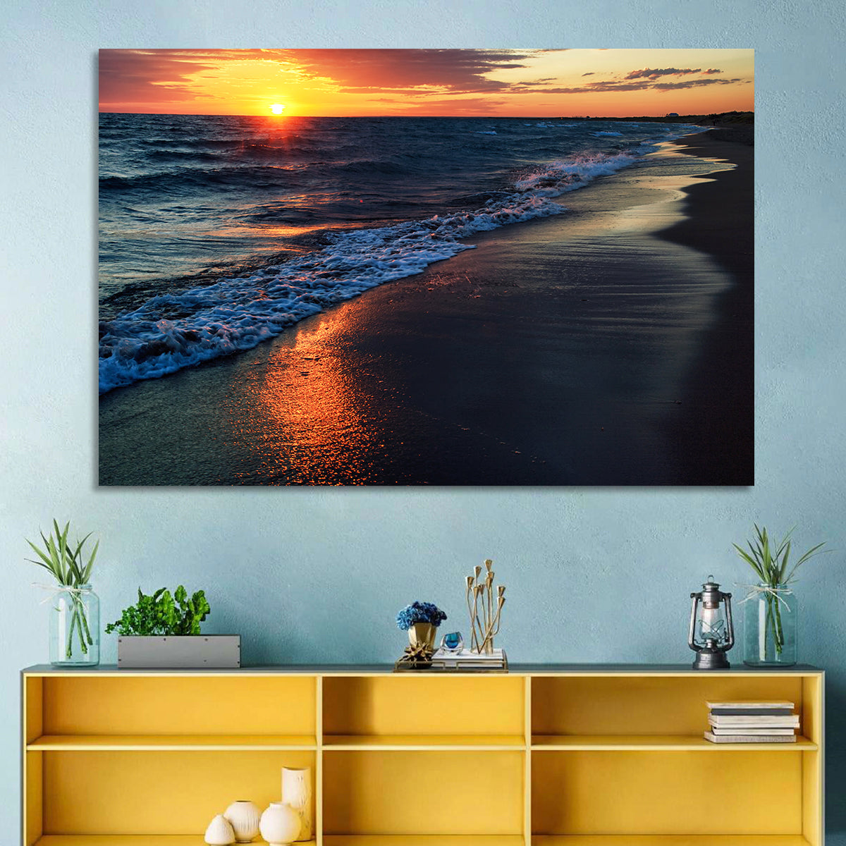 Lake Balkhash Golden Dusk Wall Art in a room, landscape