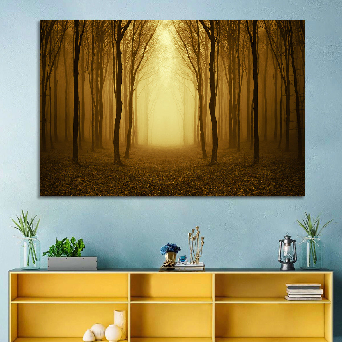 Lonely Forest Path Wall Art in a room, landscape