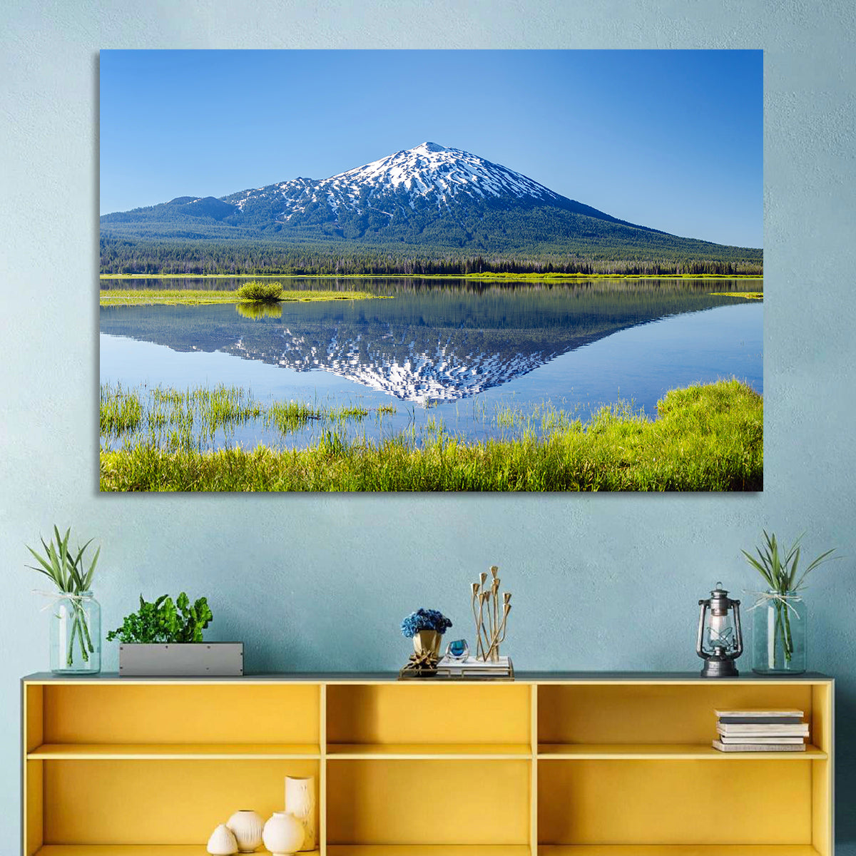 Mount Bachelor Lake Reflection Wall Art in a room, landscape