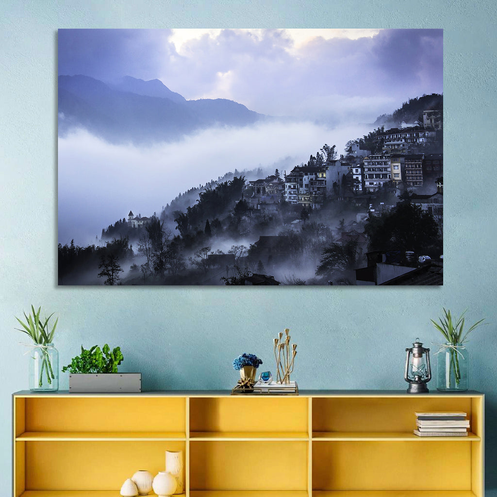 Misty Hillside Town Wall Art