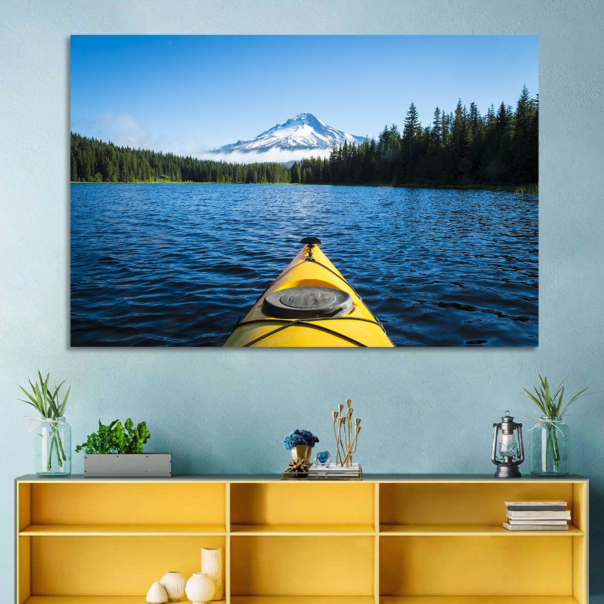 Yellow Kayak at Trillium Lake Wall Art in a room, landscape