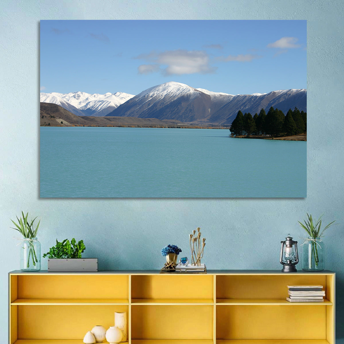 Turquoise Lake Pukaki Wall Art in a room, landscape