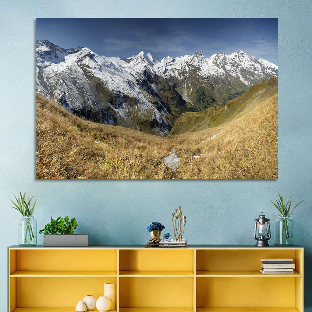 Crisp Alpine Valley with Snow-capped Peaks Wall Art