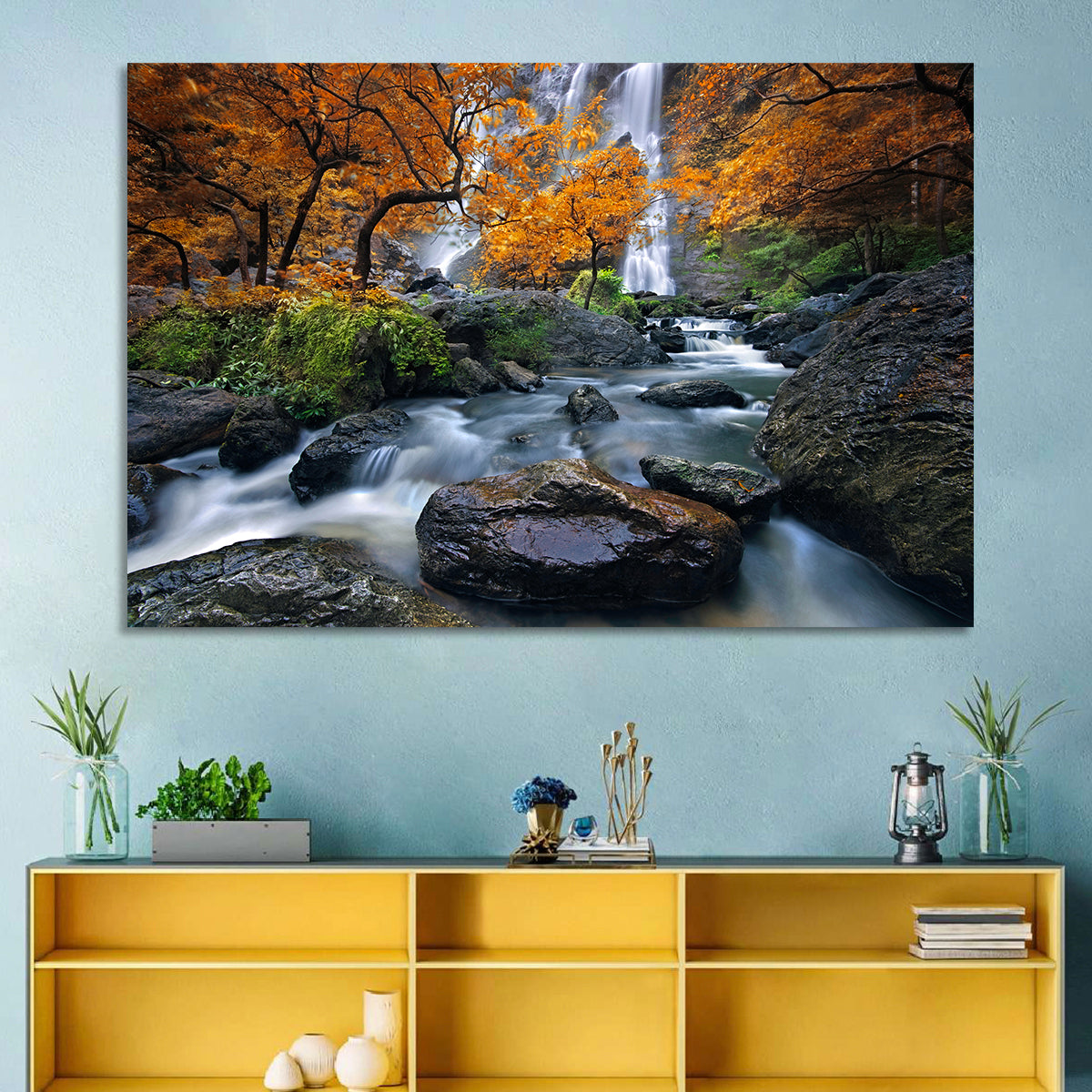 Konglan Autumn Waterfall Wall Art in a room, landscape