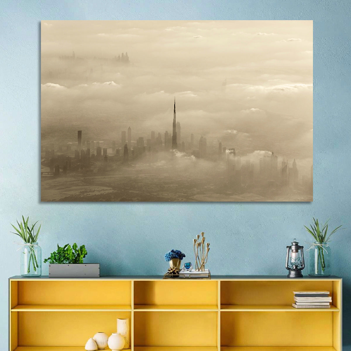 Dubai Haze Over Burj Khalifa Wall Art in a room, landscape