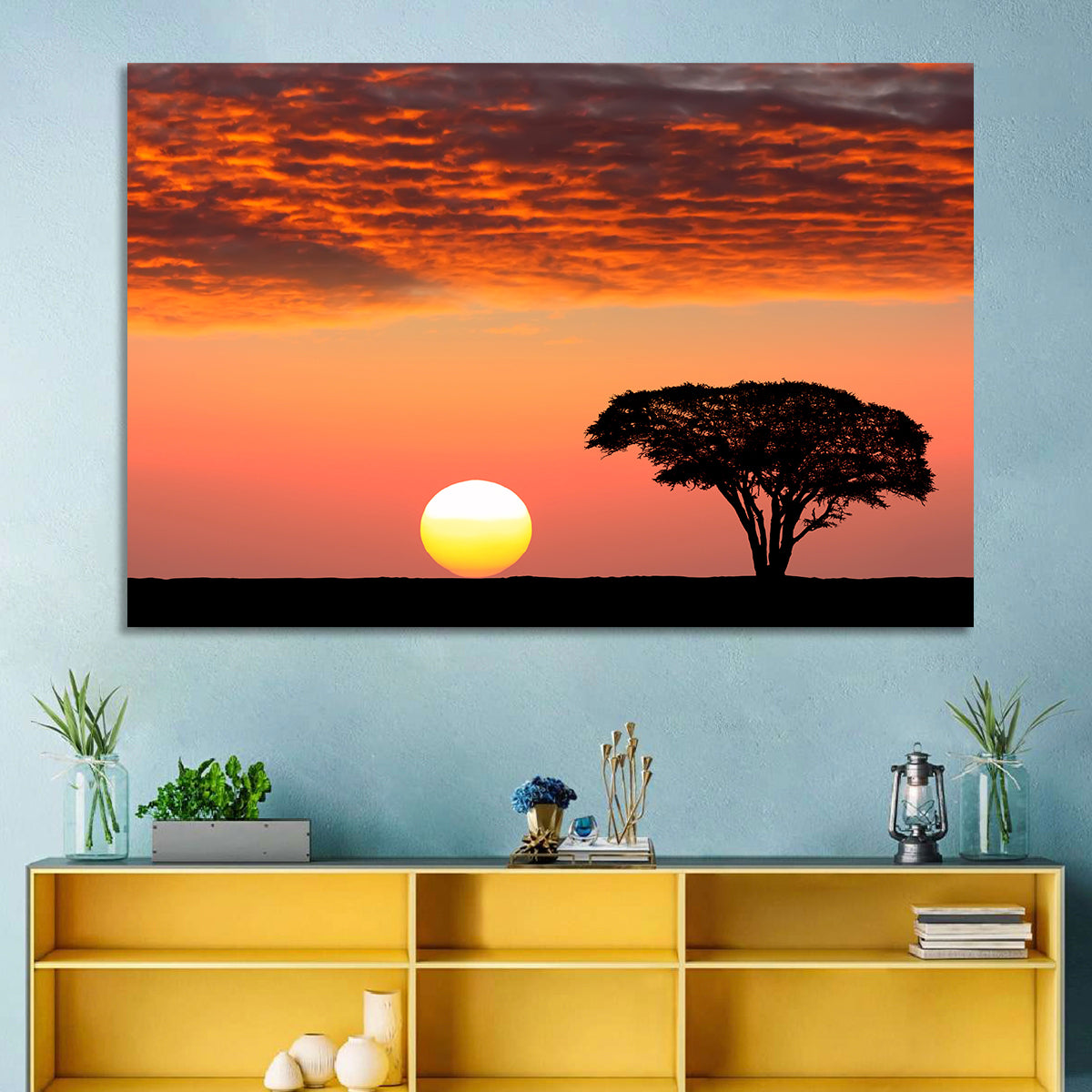 Serengeti Sunset Silhouette Wall Art in a room, landscape