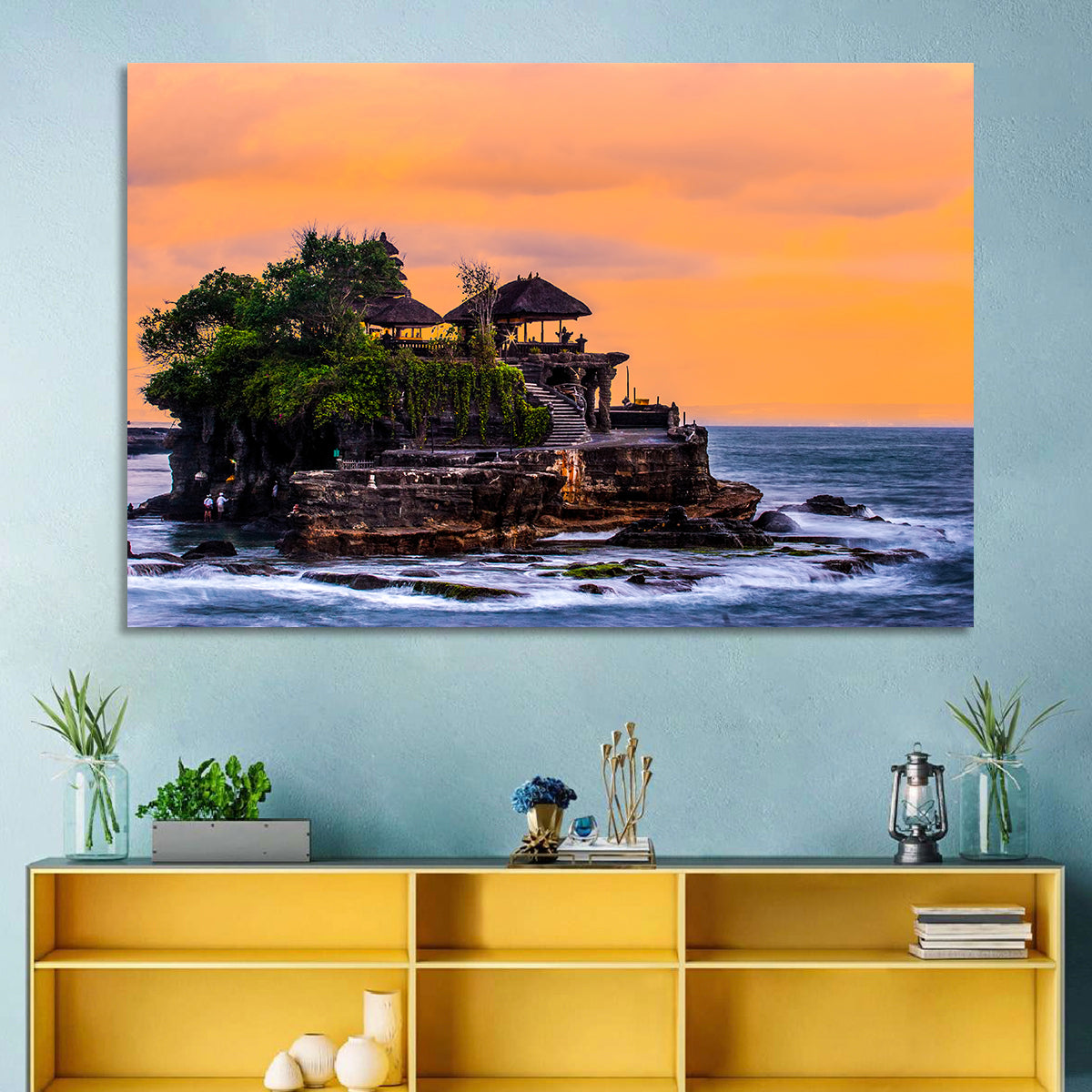Tanah Lot Temple at Sunset Wall Art in a room, landscape