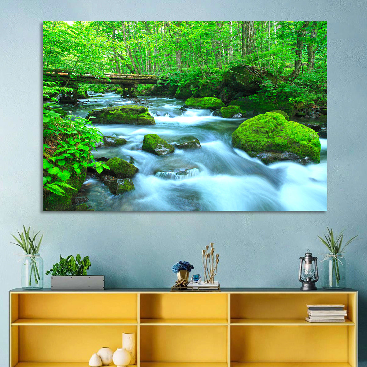 Mossy Forest Stream Wall Art in a room, landscape