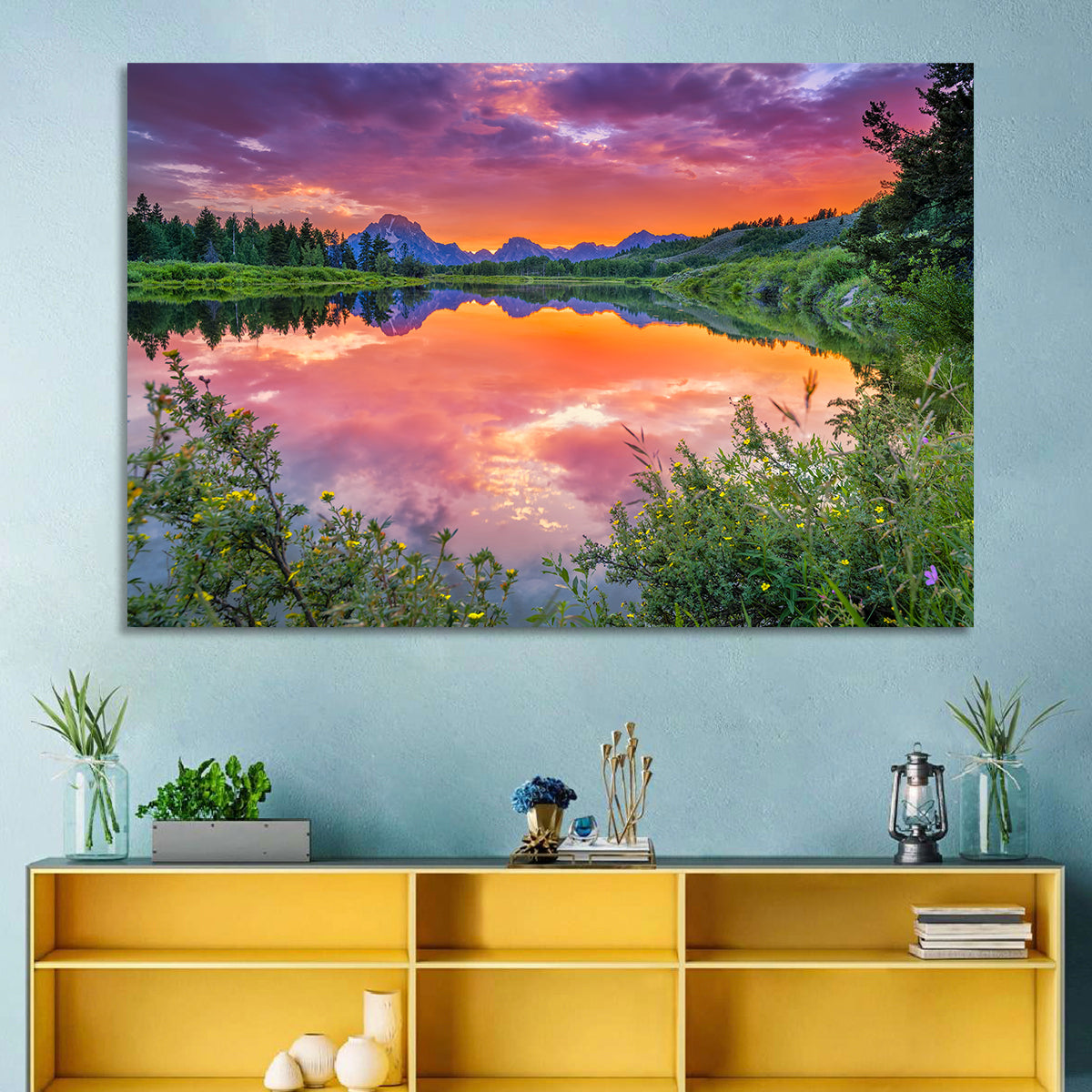 Oxbow Bend Sunset Wall Art in a room, landscape