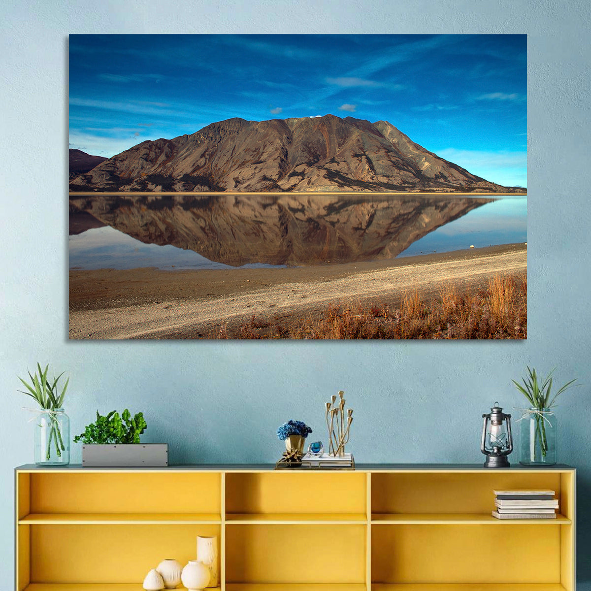 Rocky Peak Reflection, Kluane Lake Wall Art in a room, landscape