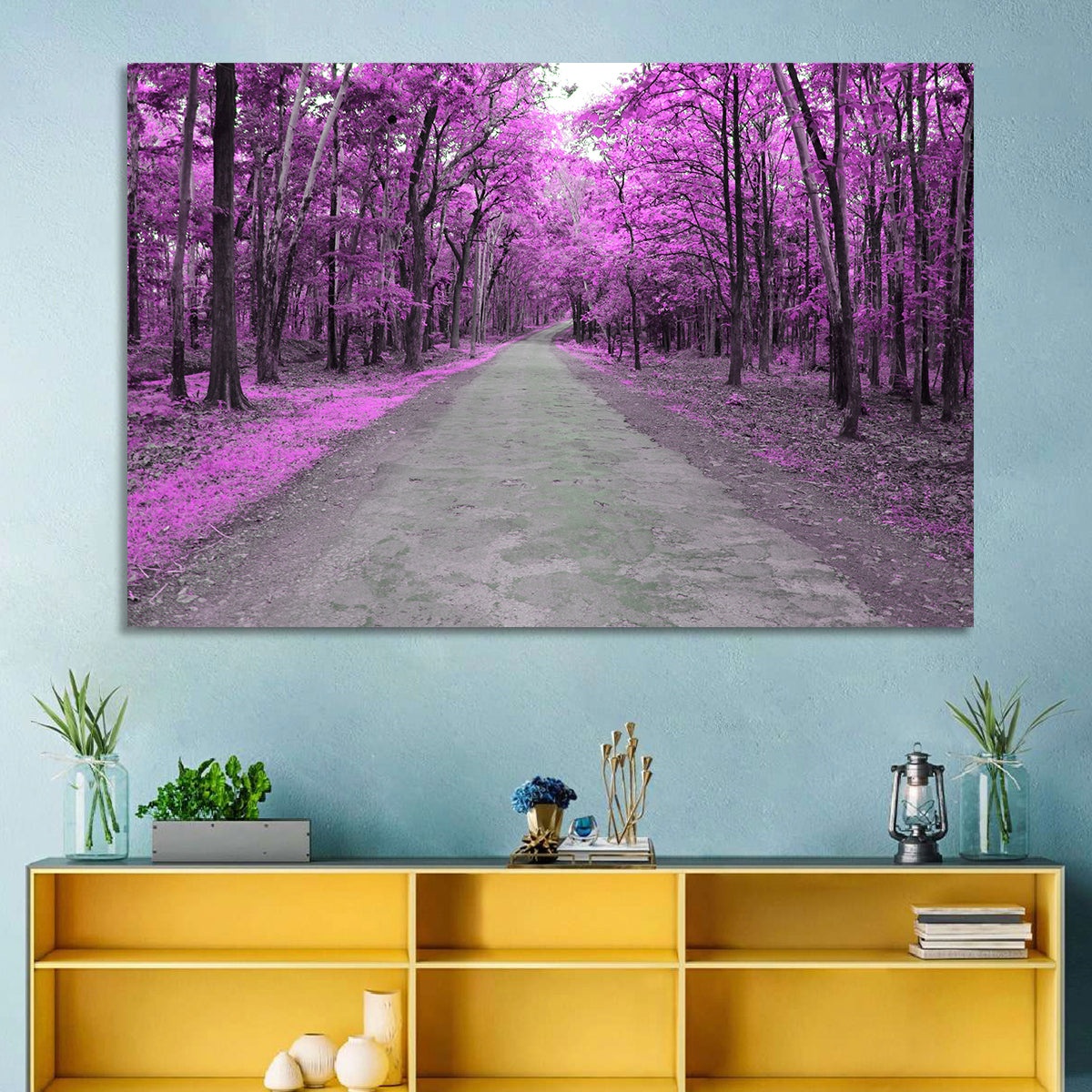 Magenta Autumn Forest Road Wall Art in a room, landscape