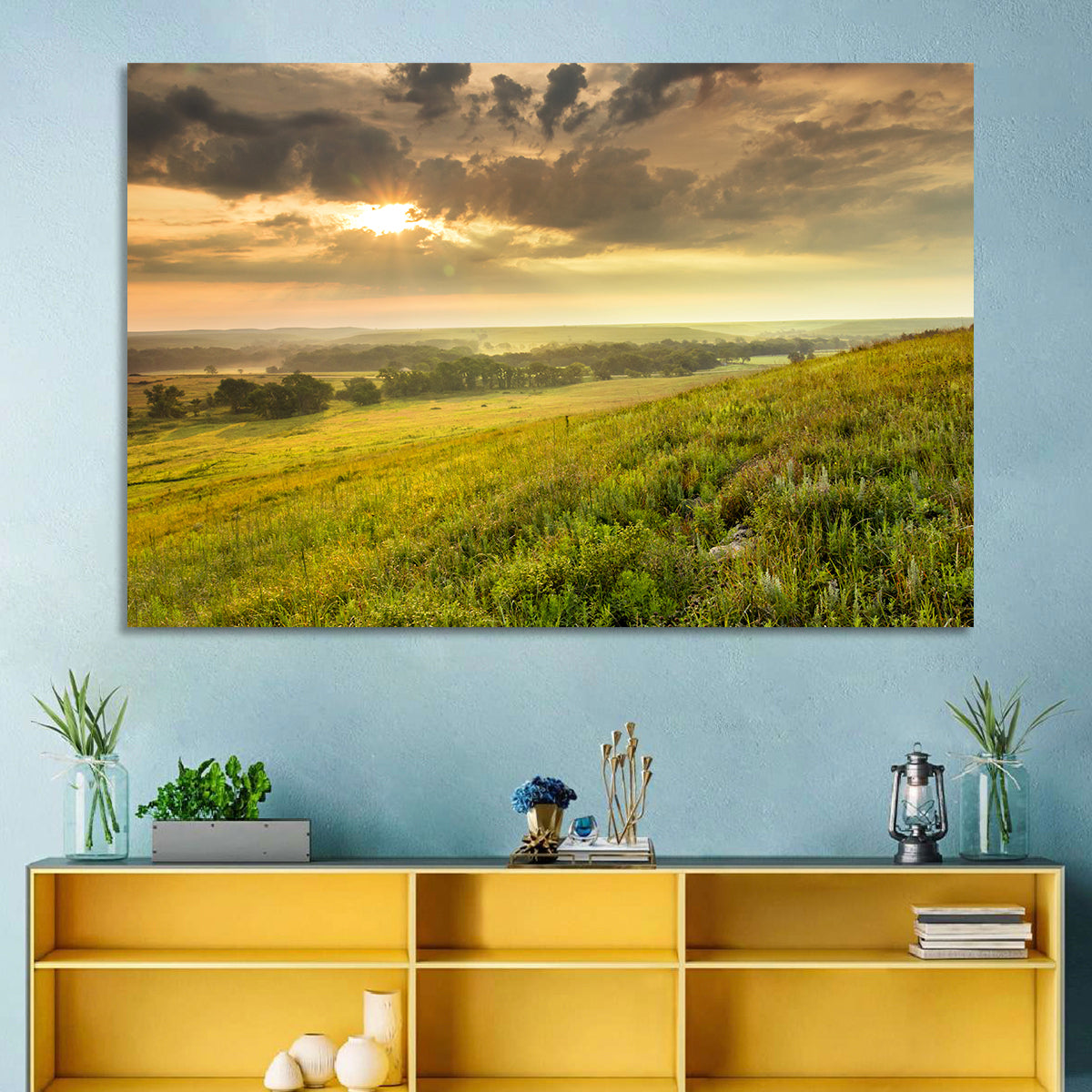 Kansas Tallgrass Prairie Wall Art in a room, landscape