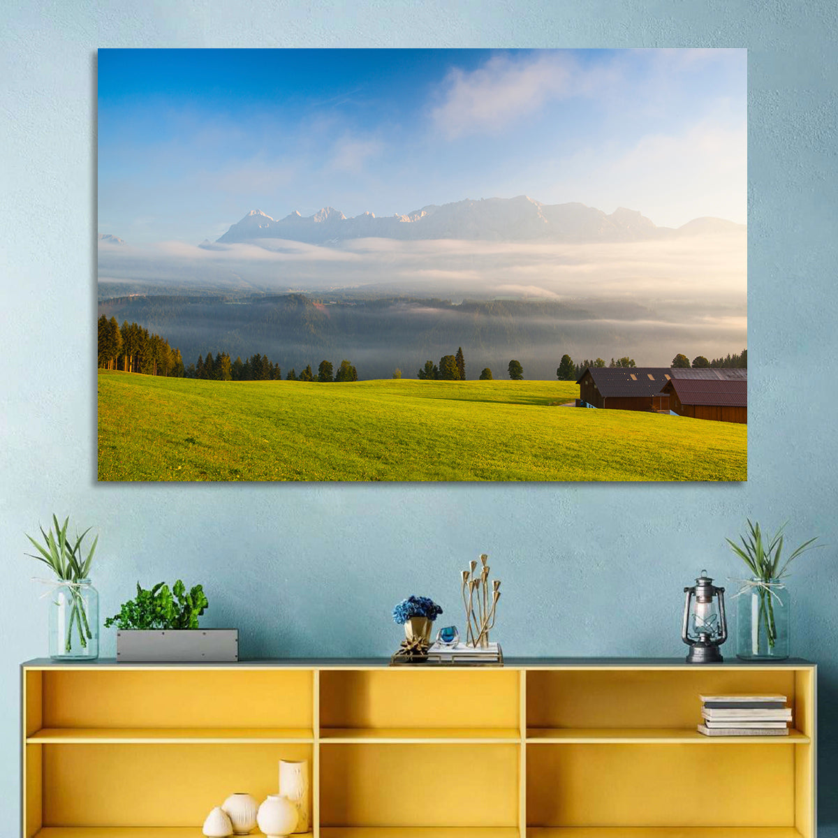 Sunlit Mountain Clouds Wall Art in a room, landscape