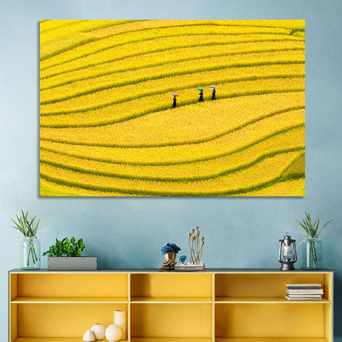 Golden Rice Terraces with Umbrellas Wall Art in a room, landscape