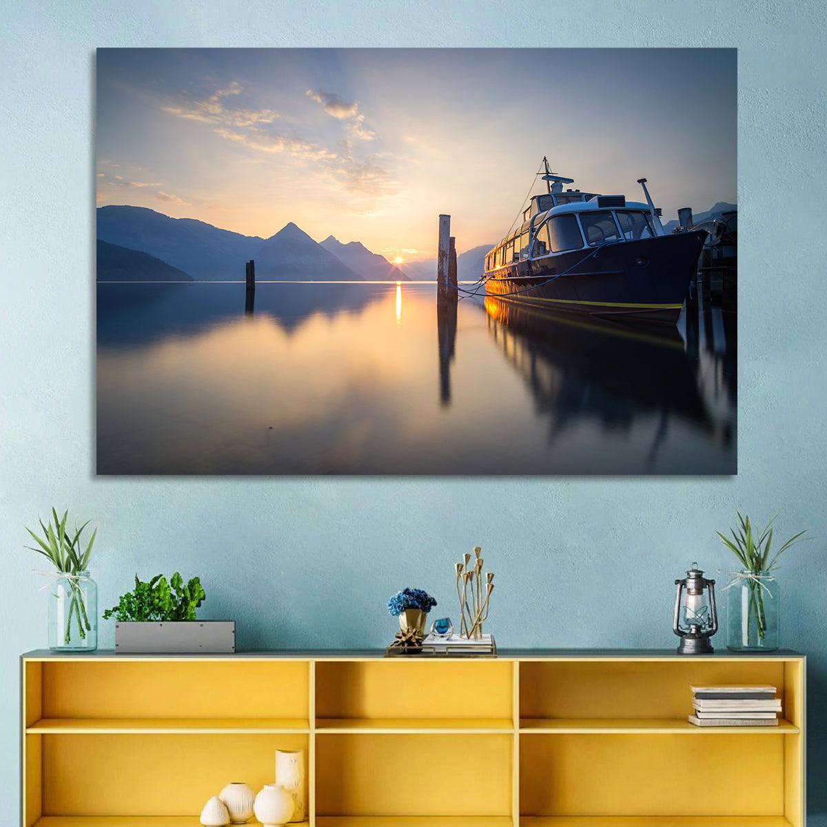 Lake Lucerne Sunset Wall Art in a room, landscape