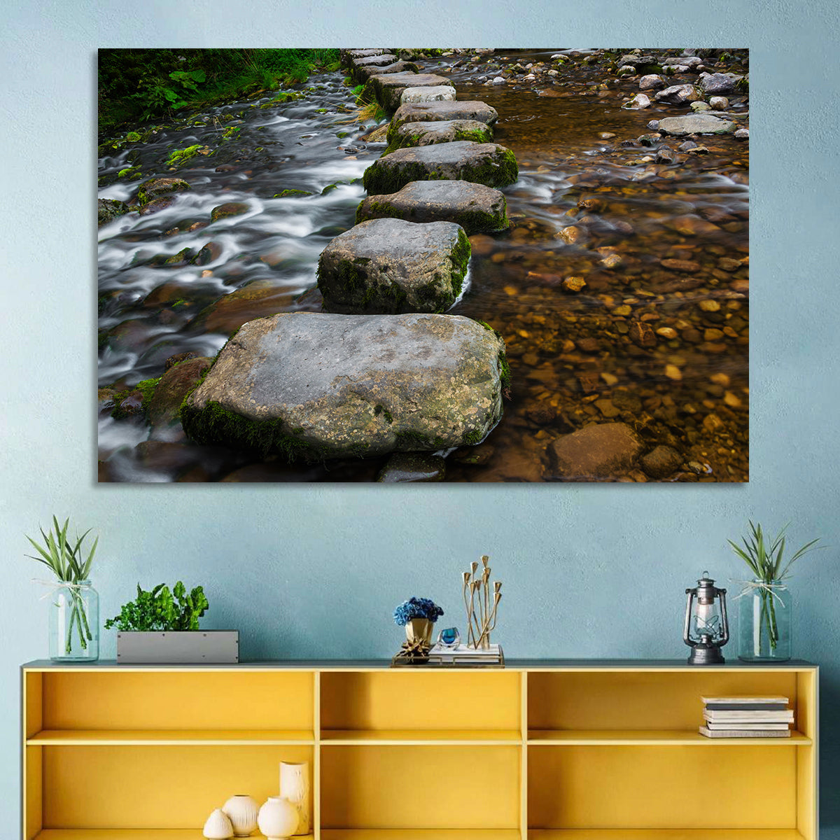 Mossy Stepping Stones Over Stream Wall Art in a room, landscape