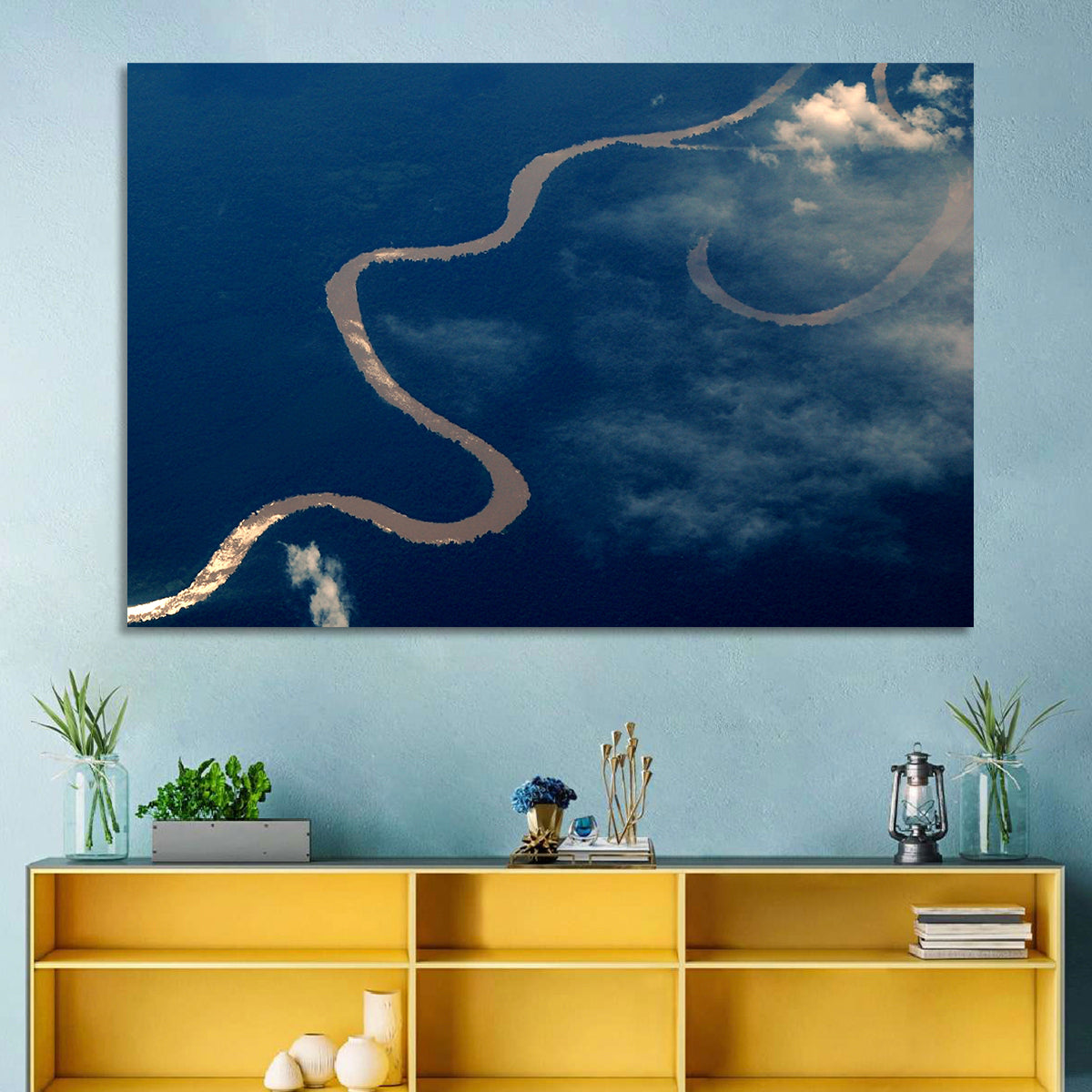 Sunlit Meander of the Amazon River Wall Art in a room, landscape