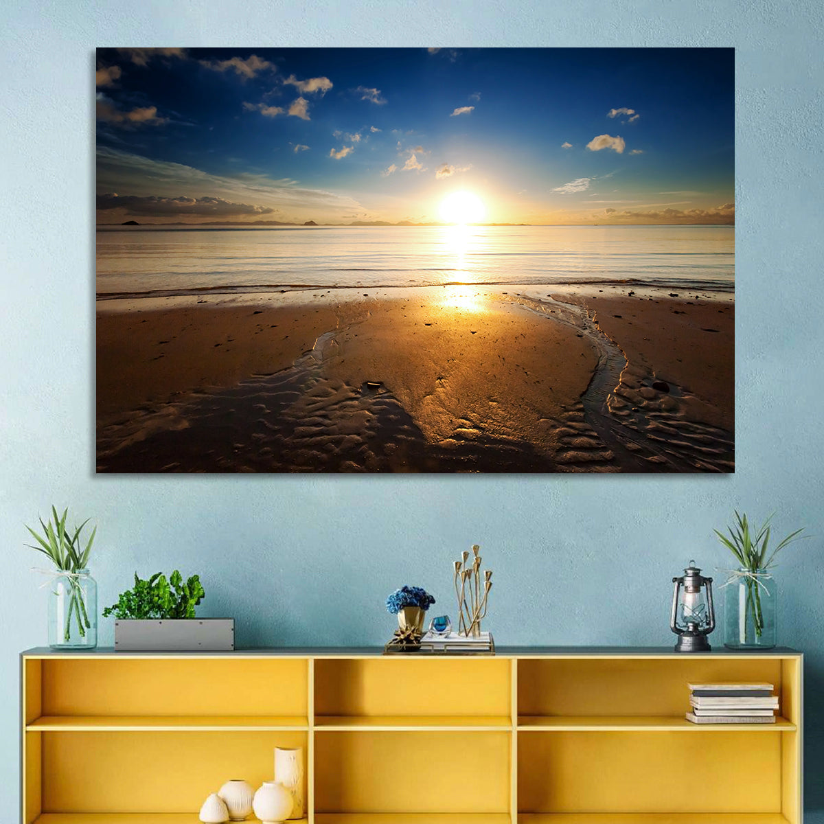 Sunrise Over Rippling Sand Wall Art in a room, landscape