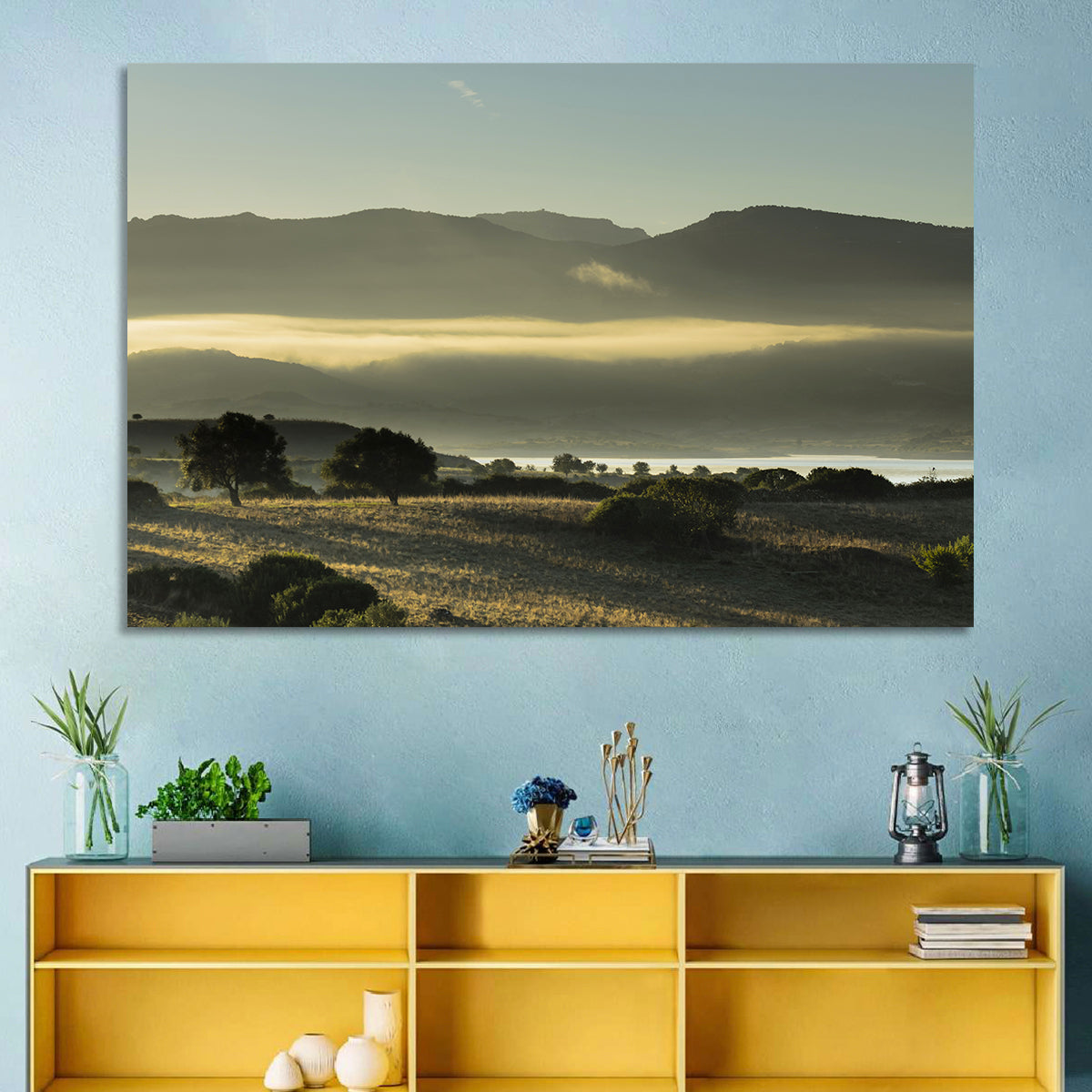 Lake Omodeo Morning Mist Wall Art in a room, landscape