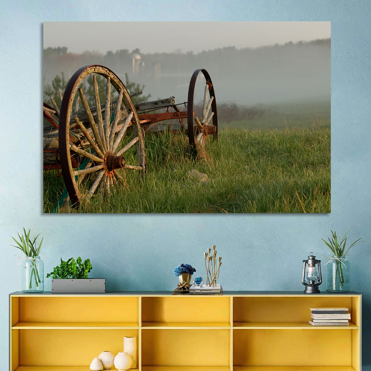 Weathered Wagon in Morning Mist Wall Art in a room, landscape