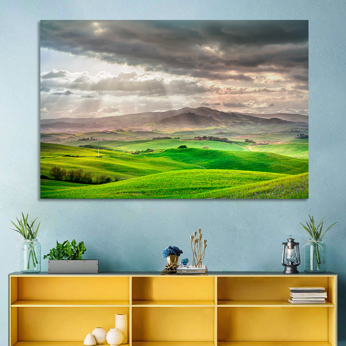 Tuscan Sunlit Hills Wall Art in a room, landscape
