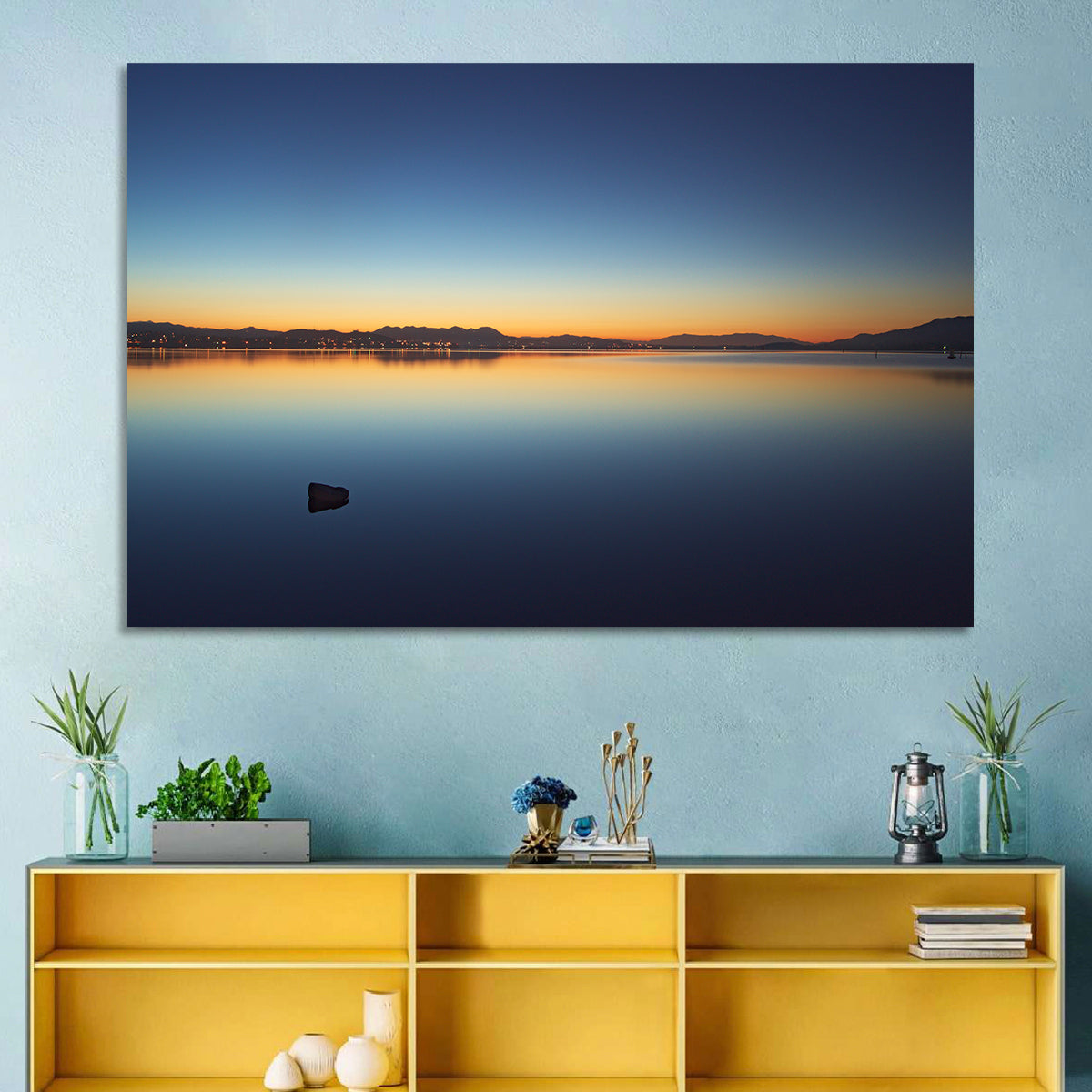 Lake Elsinore Sunset Wall Art in a room, landscape