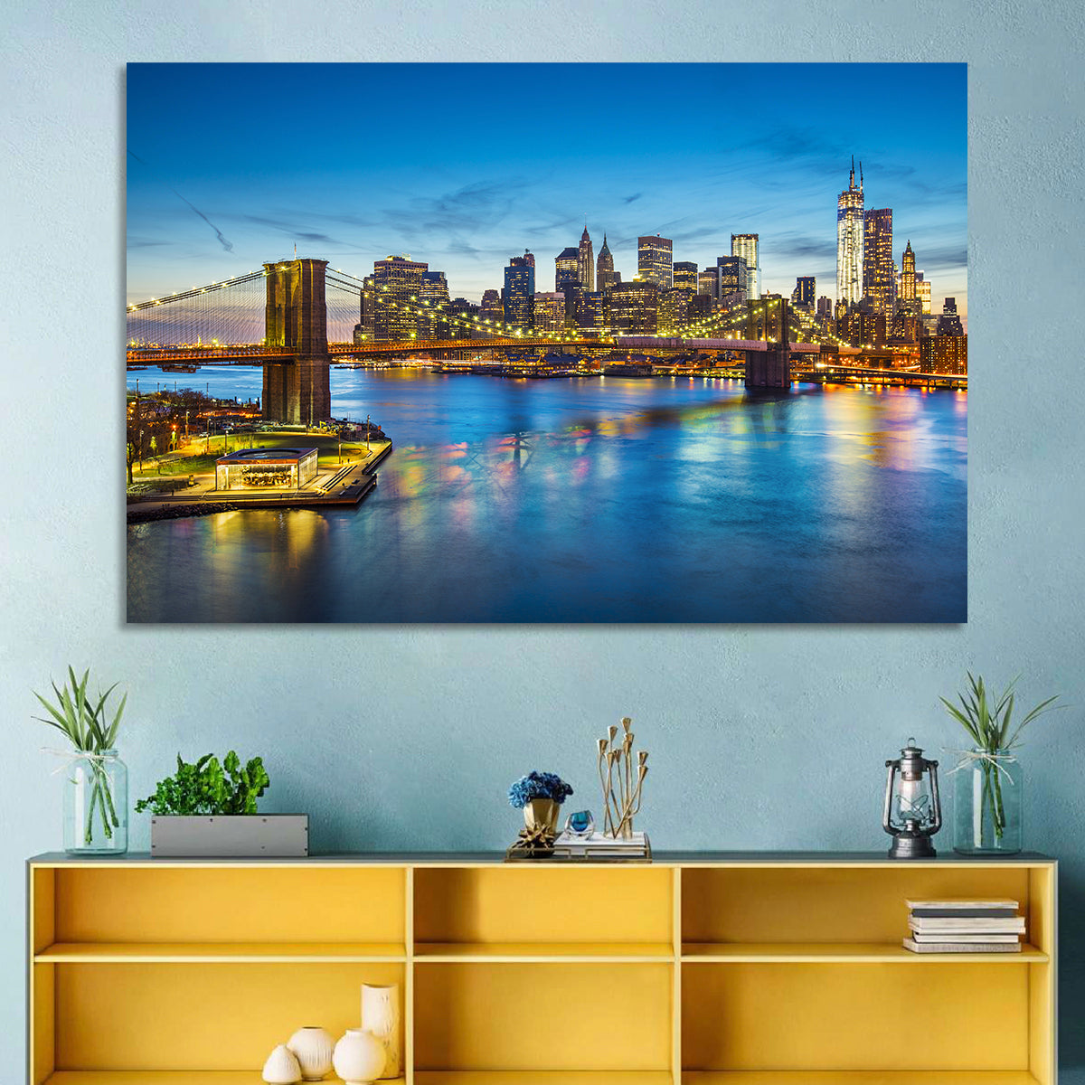 Brooklyn Bridge with Jane's Carousel Wall Art in a room, landscape