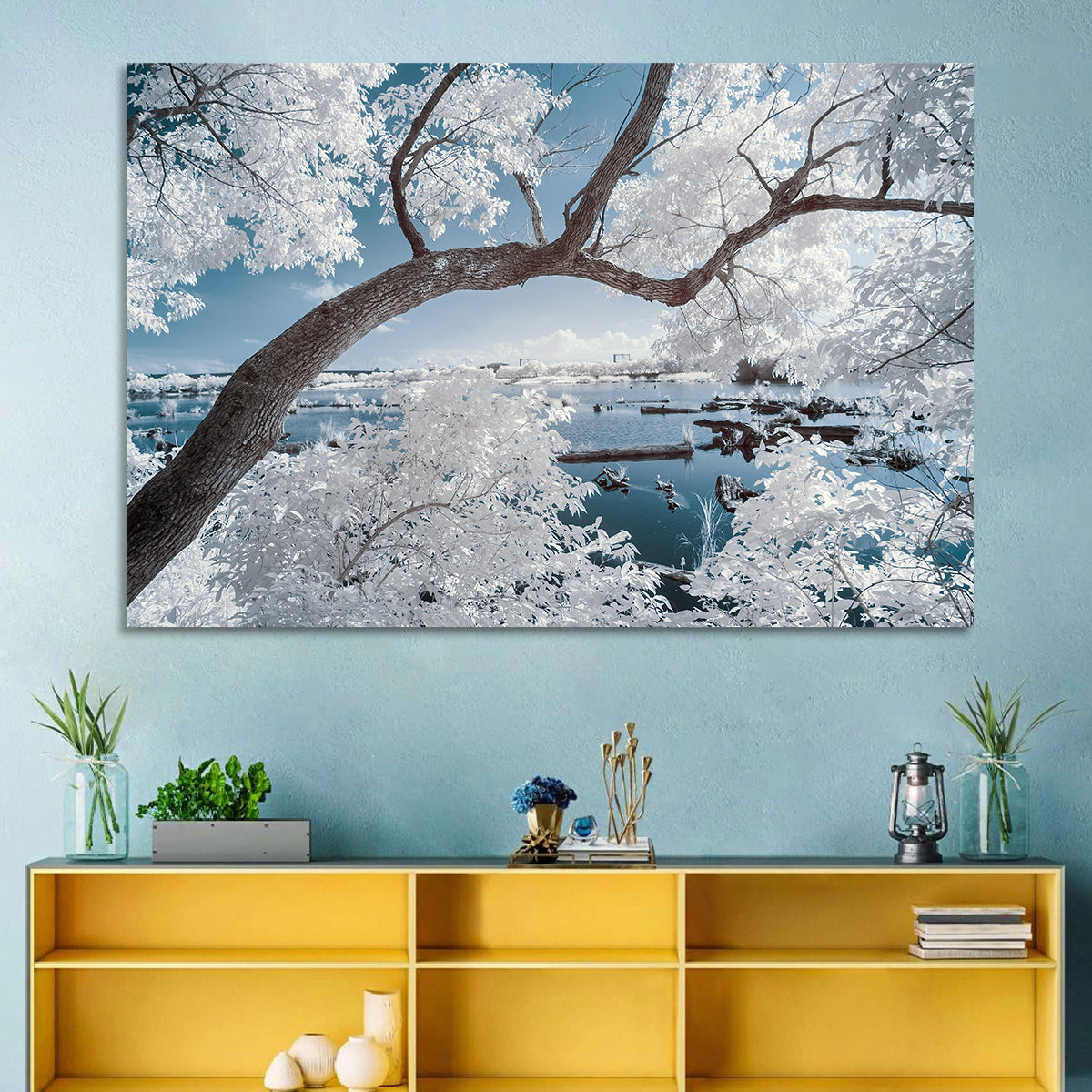 Curving Winter Tree Over Lake Wall Art in a room, landscape