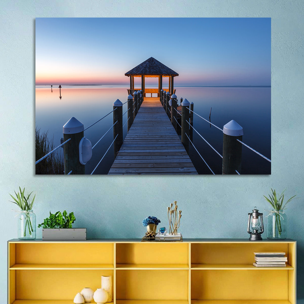 Pamlico Sound Twilight Gazebo Wall Art in a room, landscape
