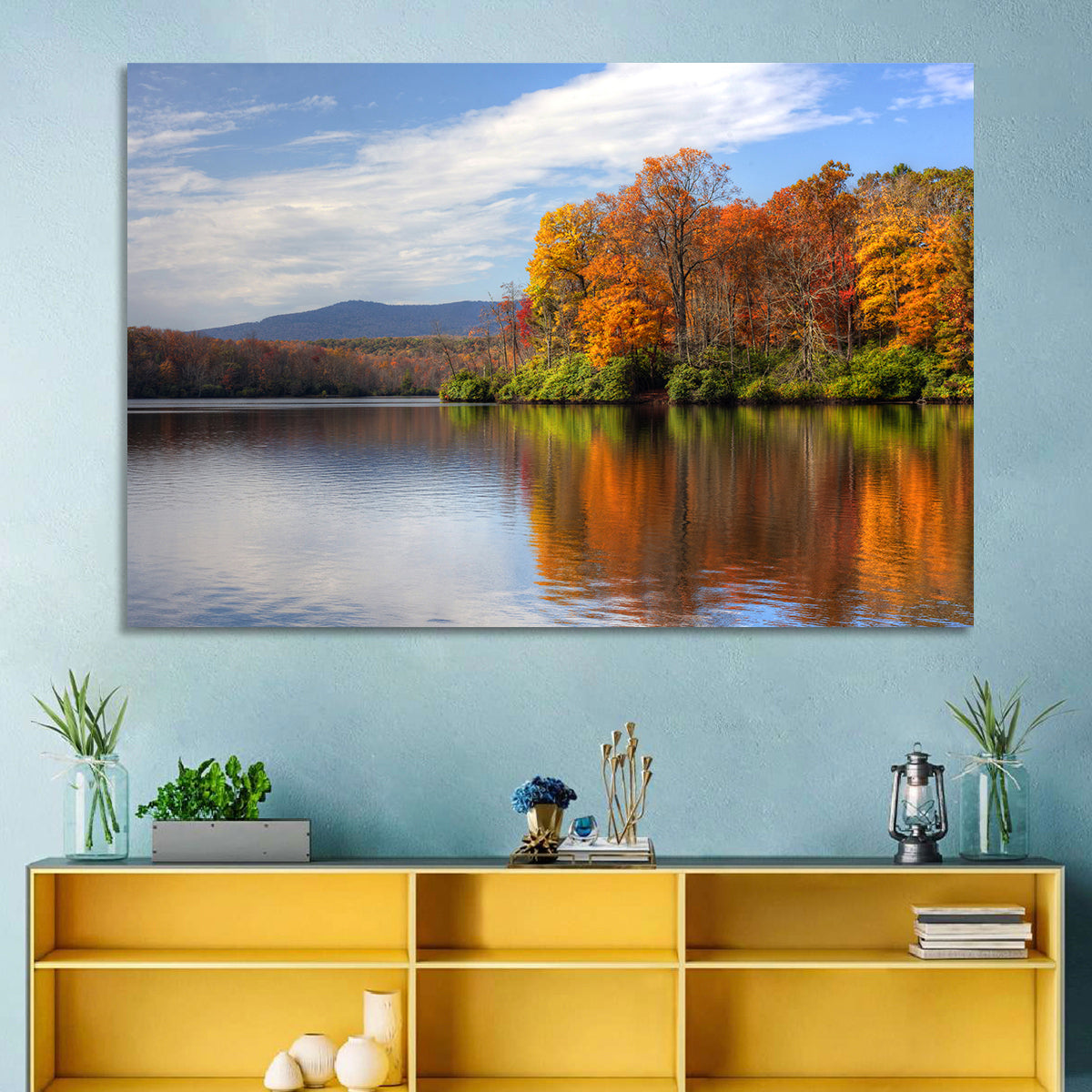 Autumn Lake with Mountain Reflection Wall Art in a room, landscape