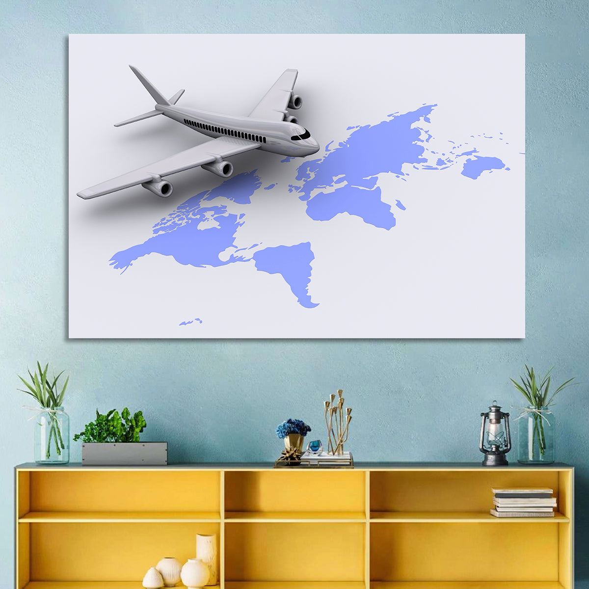Airplane Over World Map Wall Art in a room, landscape