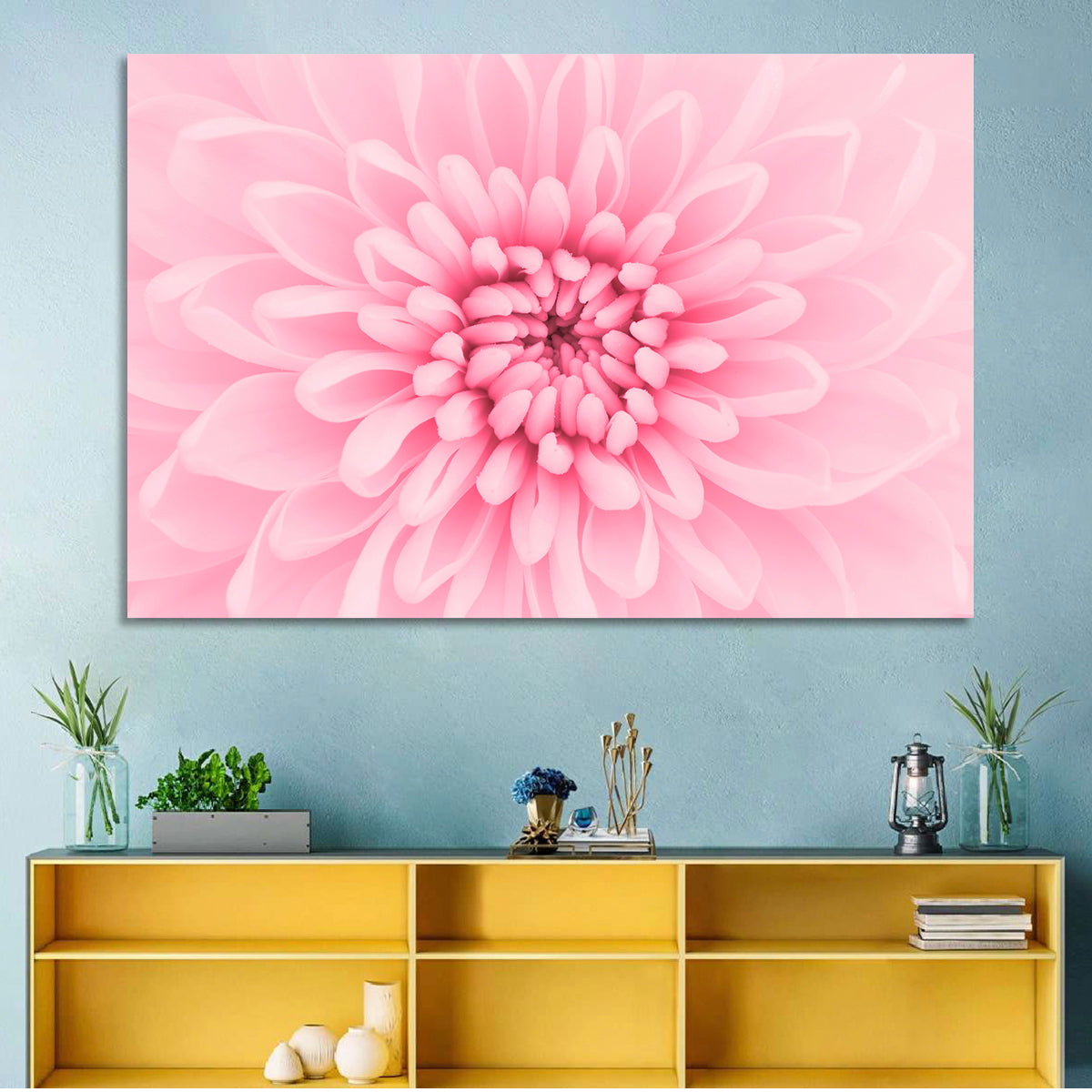 Pink Chrysanthemum Close-up Wall Art in a room, landscape